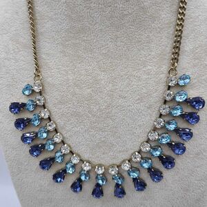 J Crew Factory Blue Clear Crystal Statement Necklace NWT!  NEW! Silver Tone